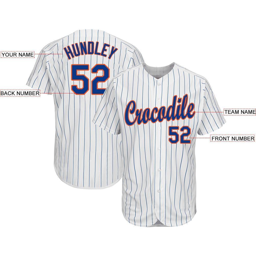 Custom White Royal Pinstripe Royal-Orange Baseball Jersey view 3