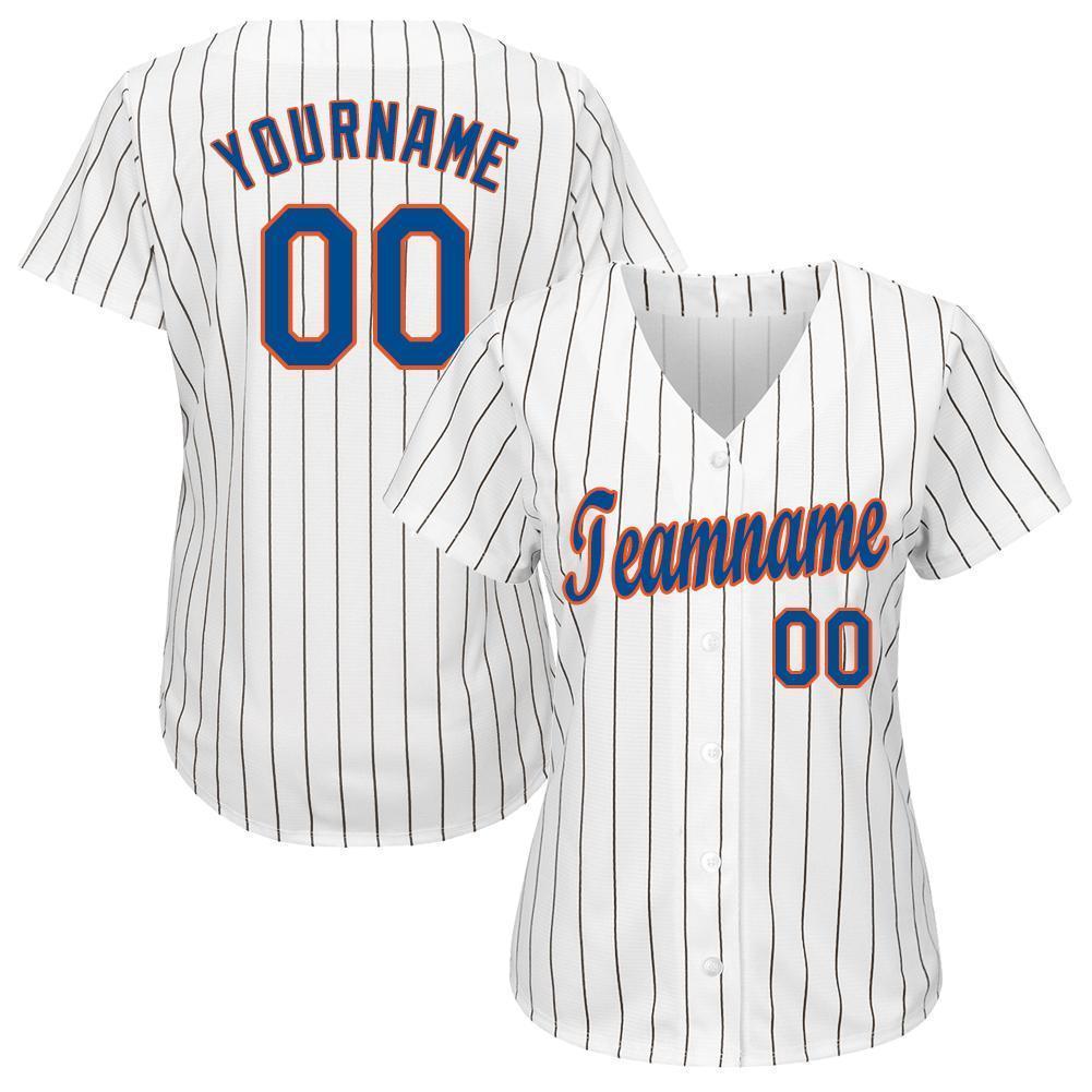 Custom White Royal Pinstripe Royal-Orange Baseball Jersey view 2