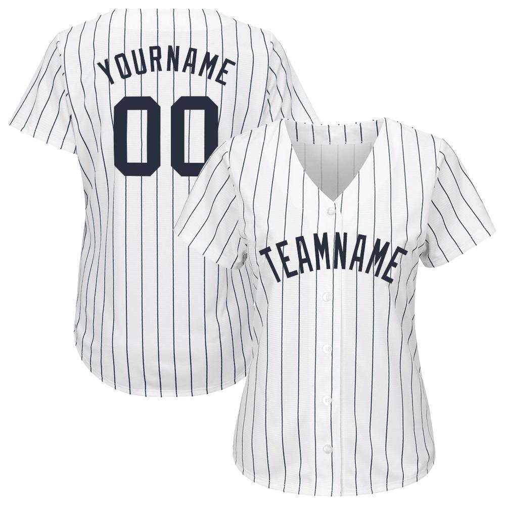 Custom White Navy Pinstripe Navy Baseball Jersey view 2