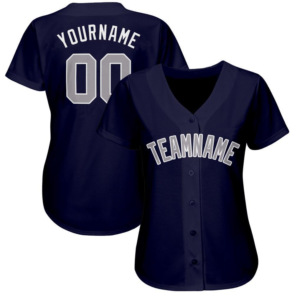 Custom Navy Gray-White Baseball Jersey view 2