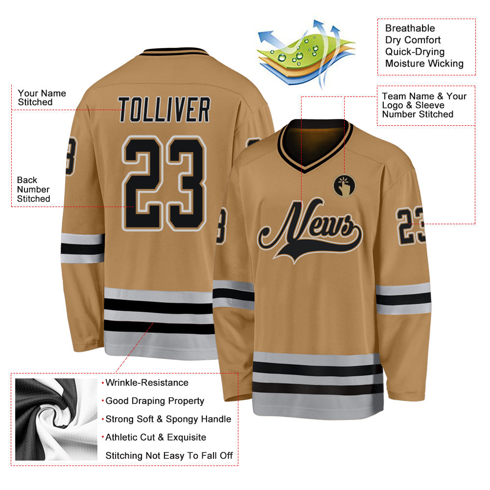Custom Old Gold Black-Gray Hockey Jersey view 4