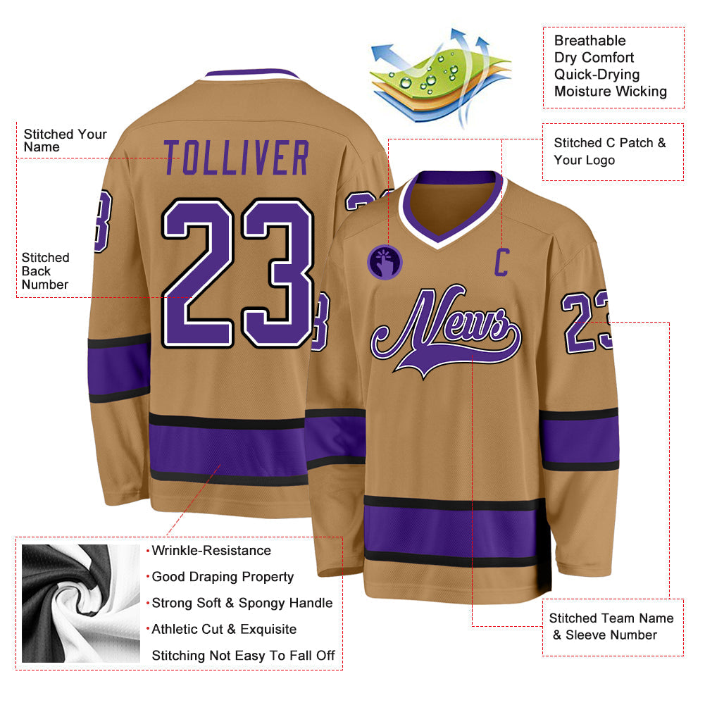 Custom Old Gold Purple-Black Hockey Jersey view 2