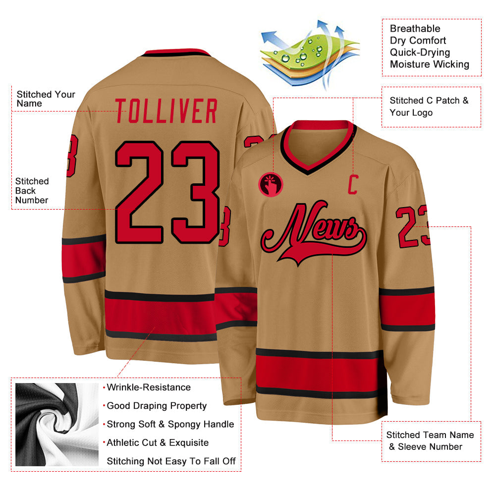 Custom Old Gold Red-Black Hockey Jersey view 2