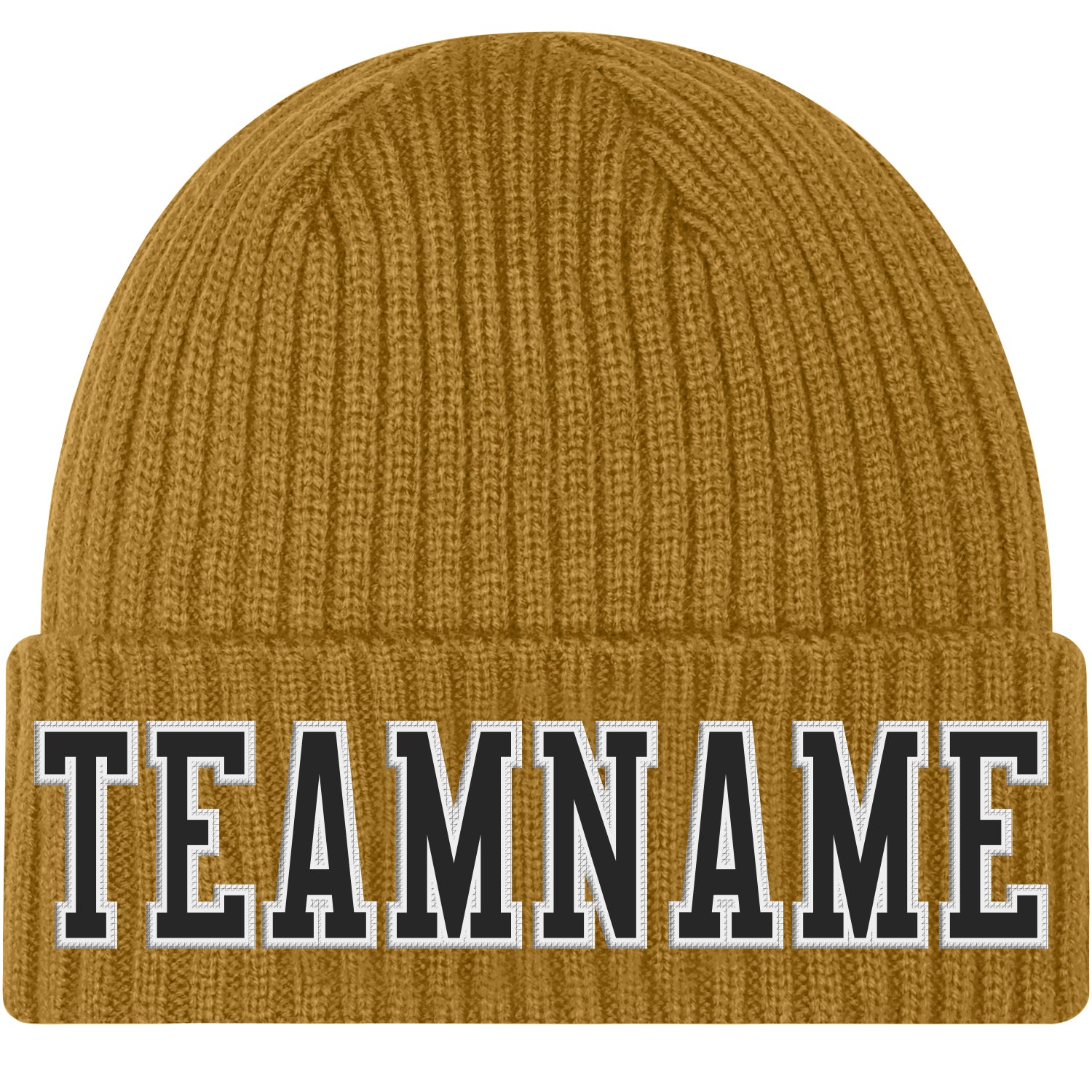 Custom Old Gold Black-White Stitched Cuffed Knit Hat - Main View