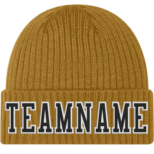Custom Old Gold Black-White Stitched Cuffed Knit Hat - Main View