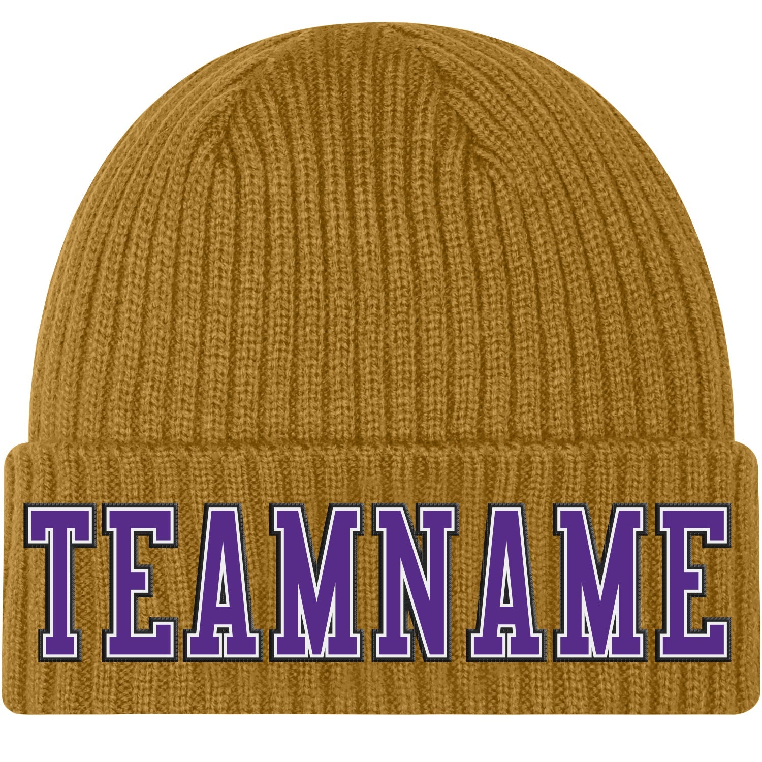 Custom Old Gold Purple-Black Stitched Cuffed Knit Hat - Main View