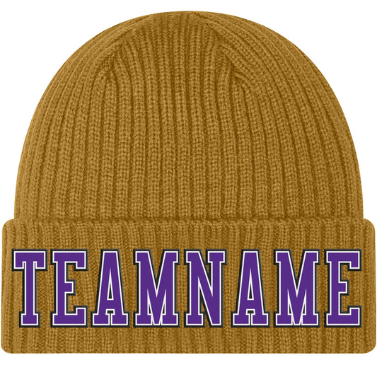 Custom Old Gold Purple-Black Stitched Cuffed Knit Hat - Main View