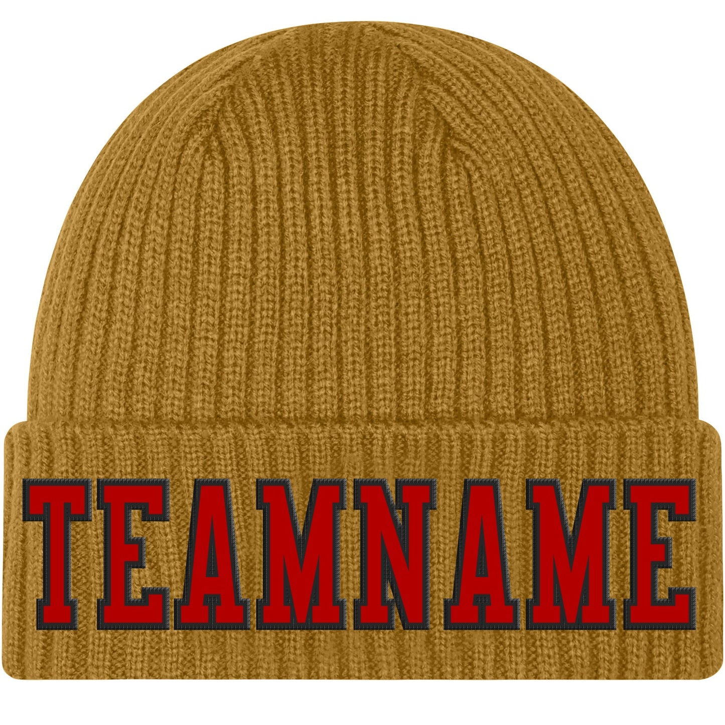 Custom Old Gold Red-Black Stitched Cuffed Knit Hat - Main View