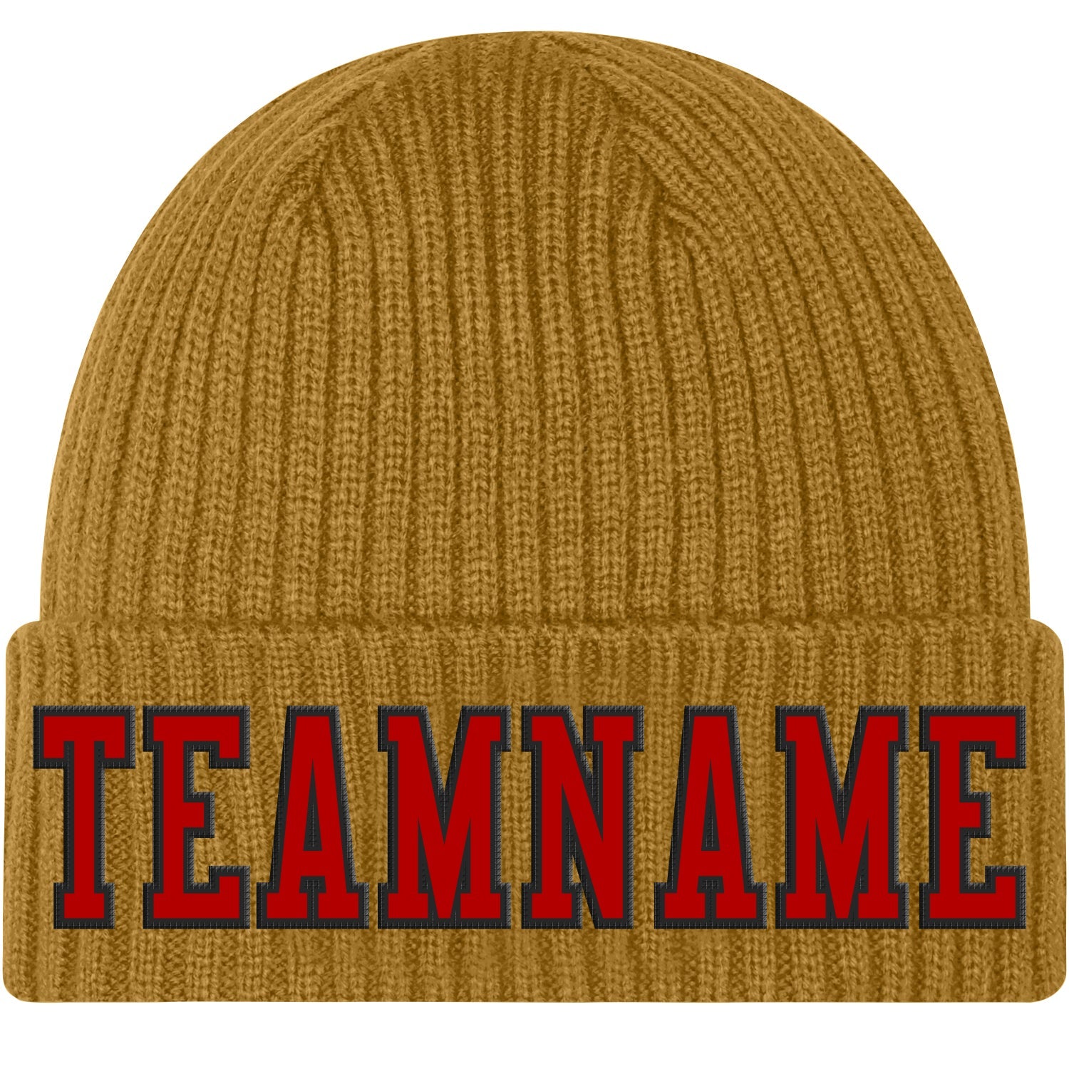 Custom Old Gold Red-Black Stitched Cuffed Knit Hat - Main View