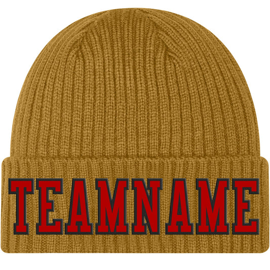 Custom Old Gold Red-Black Stitched Cuffed Knit Hat - Main View