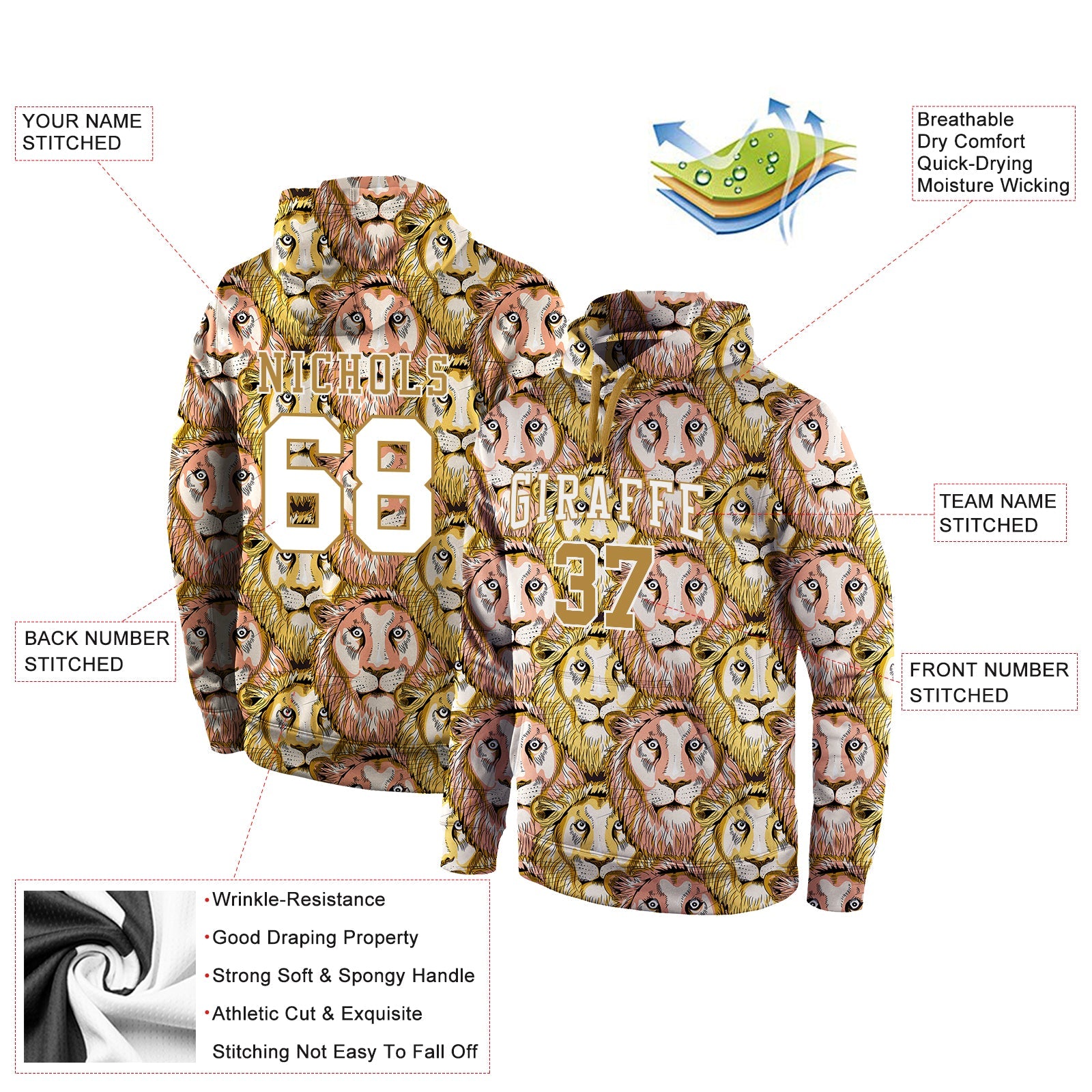 Custom Stitched Old Gold White-Old Gold 3D Pattern Design Lion Sports Pullover Sweatshirt Hoodie view 2