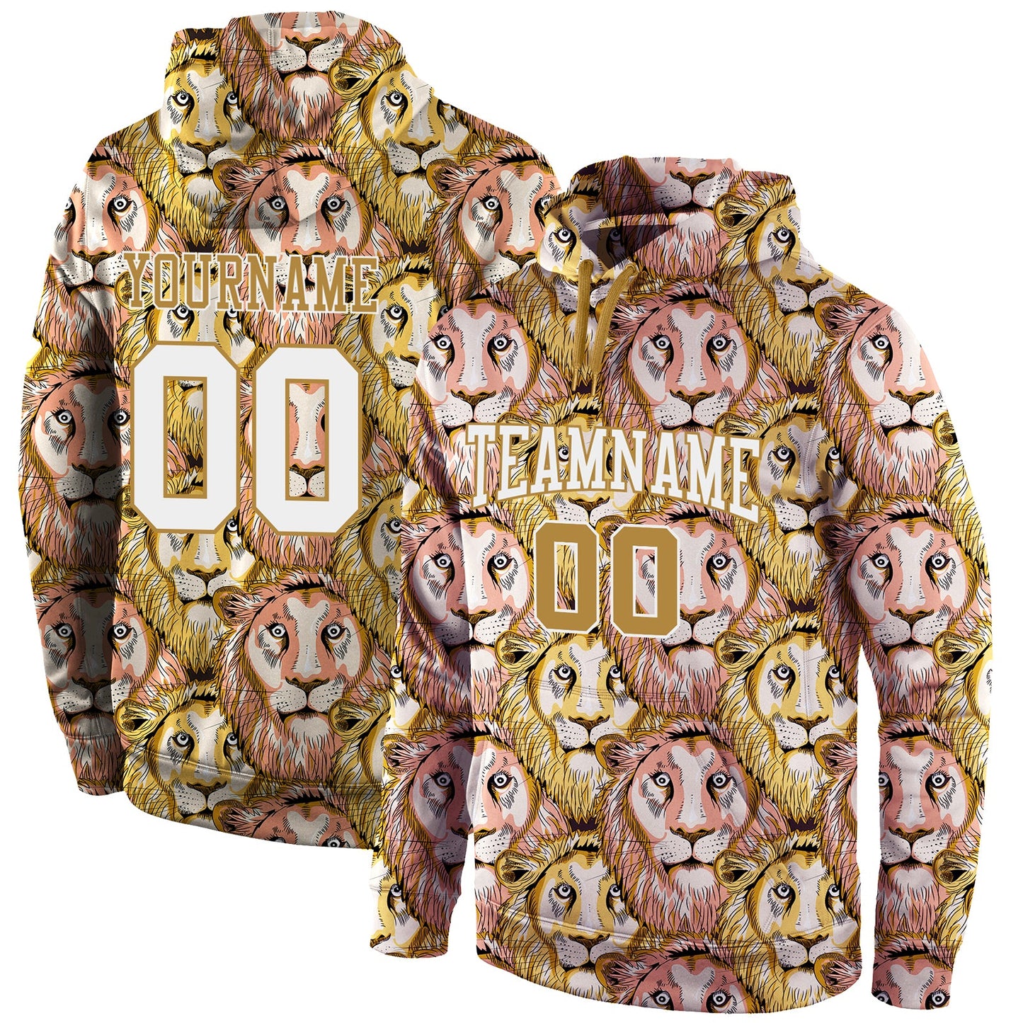 Custom Stitched Old Gold White-Old Gold 3D Pattern Design Lion Sports Pullover Sweatshirt Hoodie - Main View