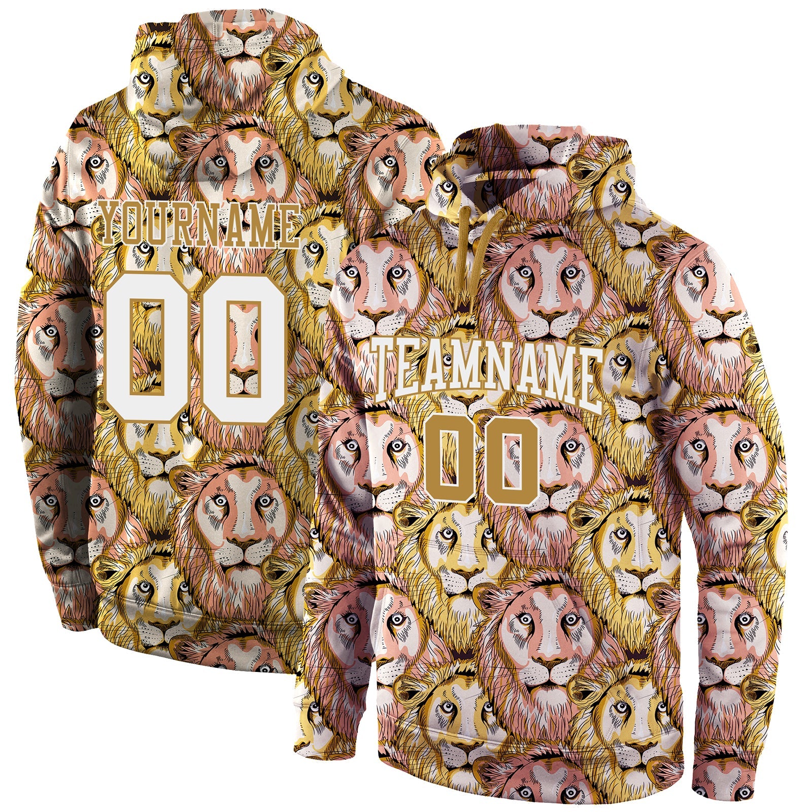 Custom Stitched Old Gold White-Old Gold 3D Pattern Design Lion Sports Pullover Sweatshirt Hoodie - Main View