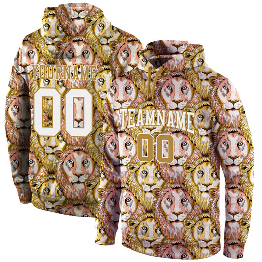 Custom Stitched Old Gold White-Old Gold 3D Pattern Design Lion Sports Pullover Sweatshirt Hoodie - Main View