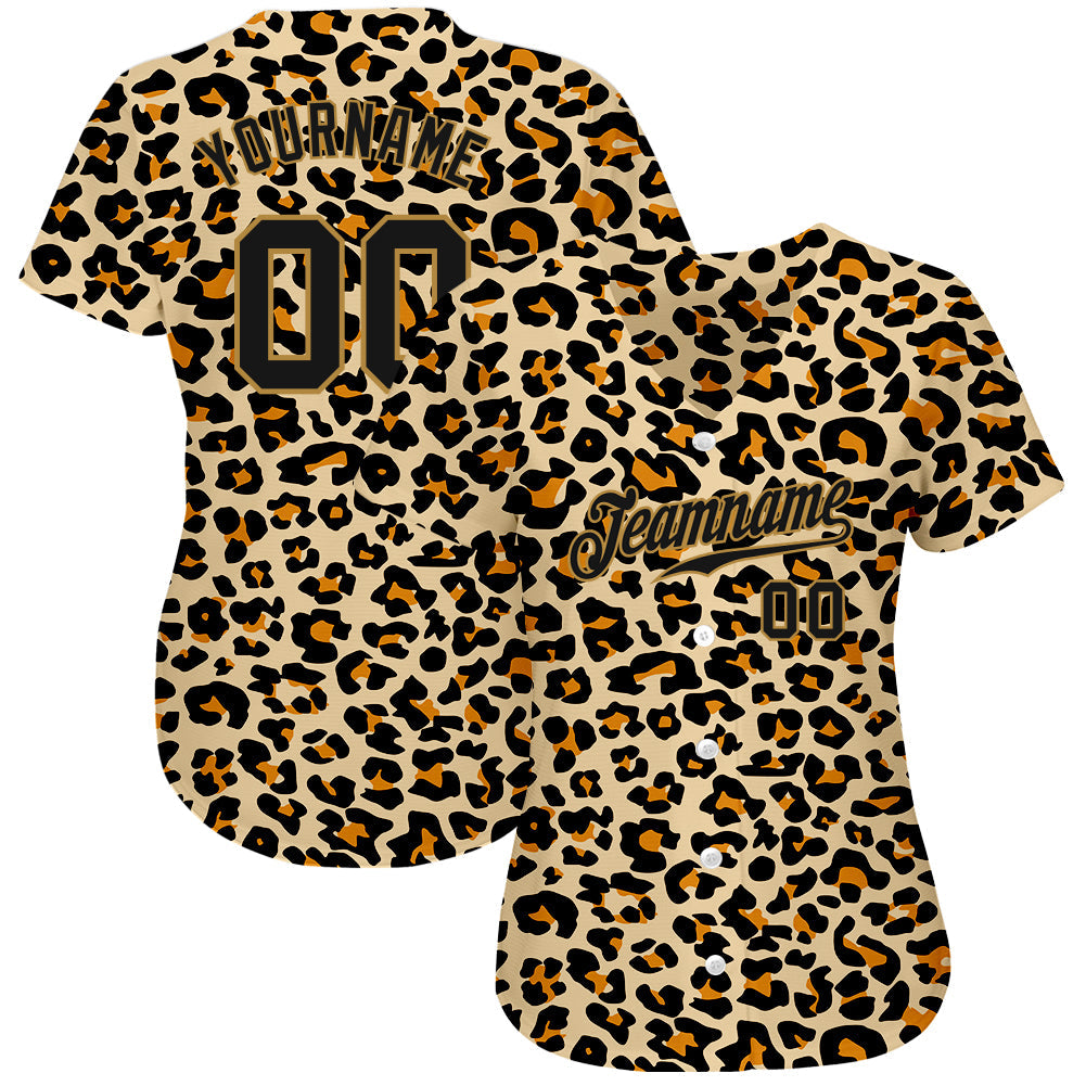 Custom Old Gold Black-Old Gold 3D Pattern Design Leopard Authentic Baseball Jersey view 2