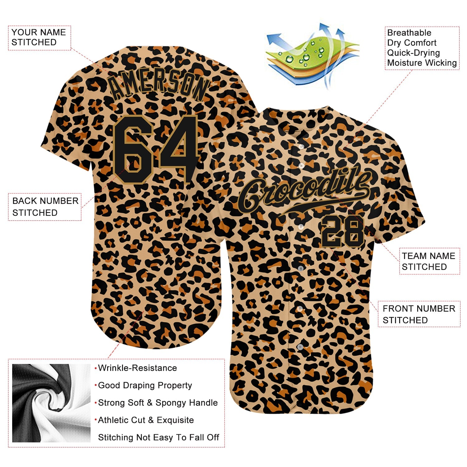 Custom Old Gold Black-Old Gold 3D Pattern Design Leopard Authentic Baseball Jersey view 3