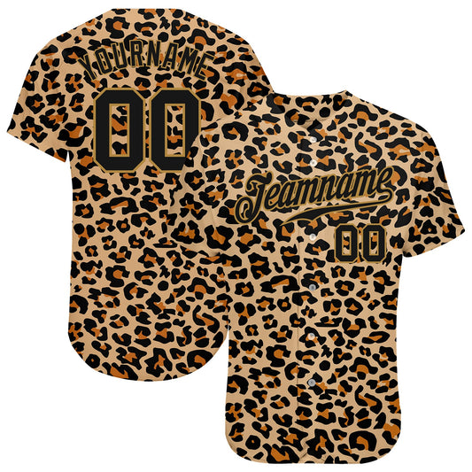 Custom Old Gold Black-Old Gold 3D Pattern Design Leopard Authentic Baseball Jersey - Main View