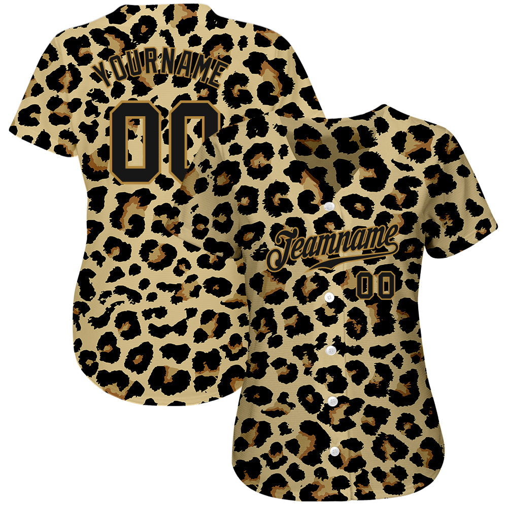 Custom Old Gold Black-Old Gold 3D Pattern Design Leopard Authentic Baseball Jersey view 2