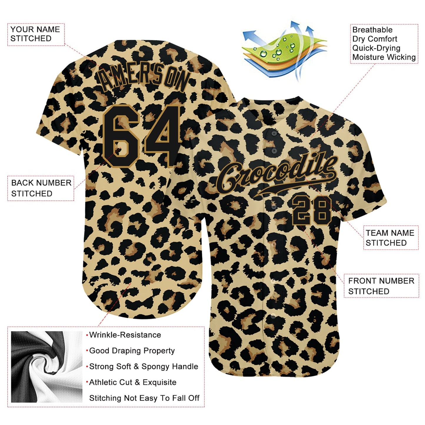 Custom Old Gold Black-Old Gold 3D Pattern Design Leopard Authentic Baseball Jersey view 3