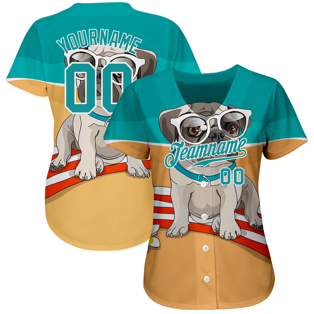 Custom Old Gold Teal-White 3D Pattern Design Puppy Pug Authentic Baseball Jersey view 2