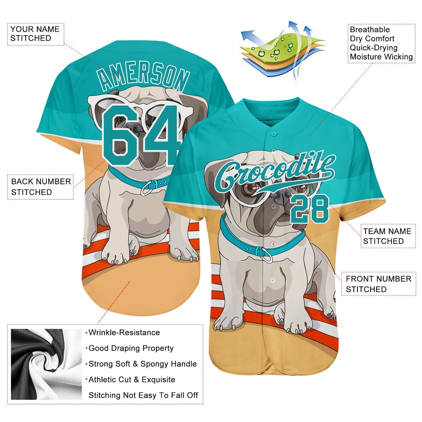 Custom Old Gold Teal-White 3D Pattern Design Puppy Pug Authentic Baseball Jersey view 3