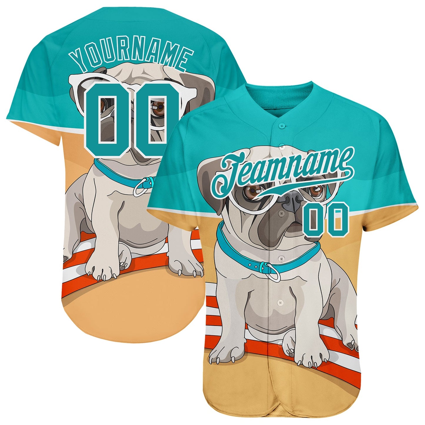 Custom Old Gold Teal-White 3D Pattern Design Puppy Pug Authentic Baseball Jersey - Main View