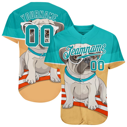 Custom Old Gold Teal-White 3D Pattern Design Puppy Pug Authentic Baseball Jersey - Main View