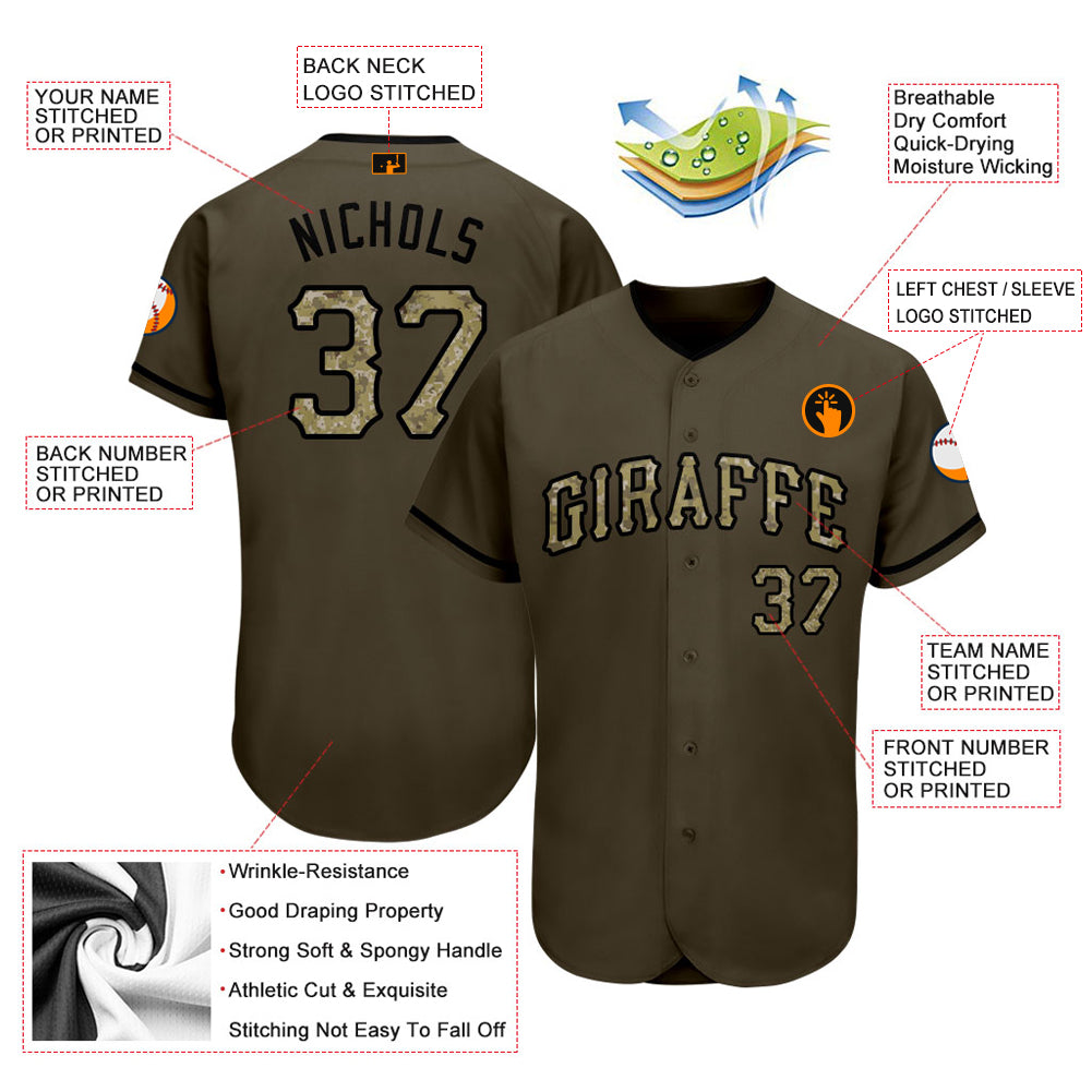 Custom Olive Camo-Black Authentic Salute To Service Baseball Jersey view 4