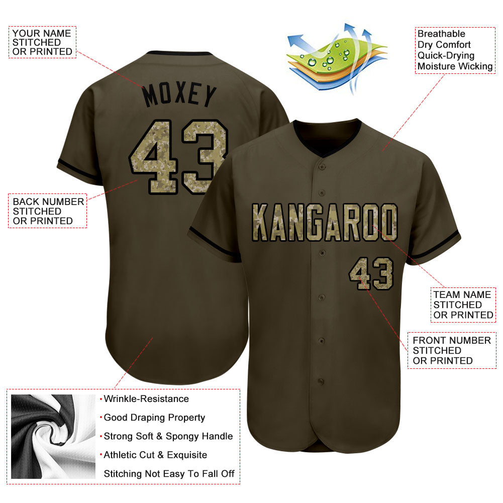 Custom Olive Camo-Black Authentic Salute To Service Baseball Jersey view 3
