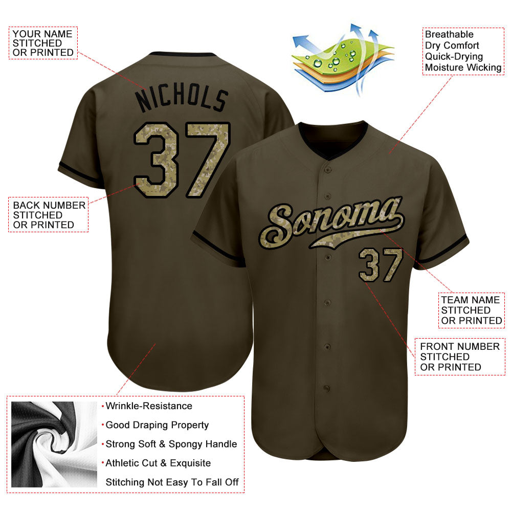 Custom Olive Camo-Black Authentic Salute To Service Baseball Jersey view 3