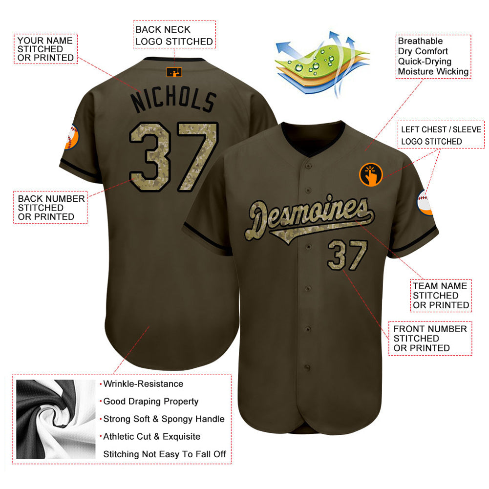 Custom Olive Camo-Black Authentic Salute To Service Baseball Jersey view 3