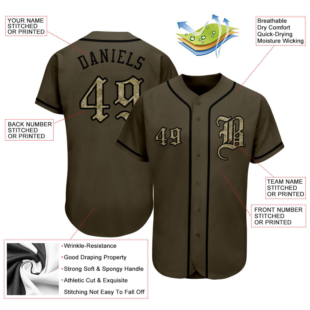 Custom Olive Camo-Black Authentic Salute To Service Baseball Jersey view 4