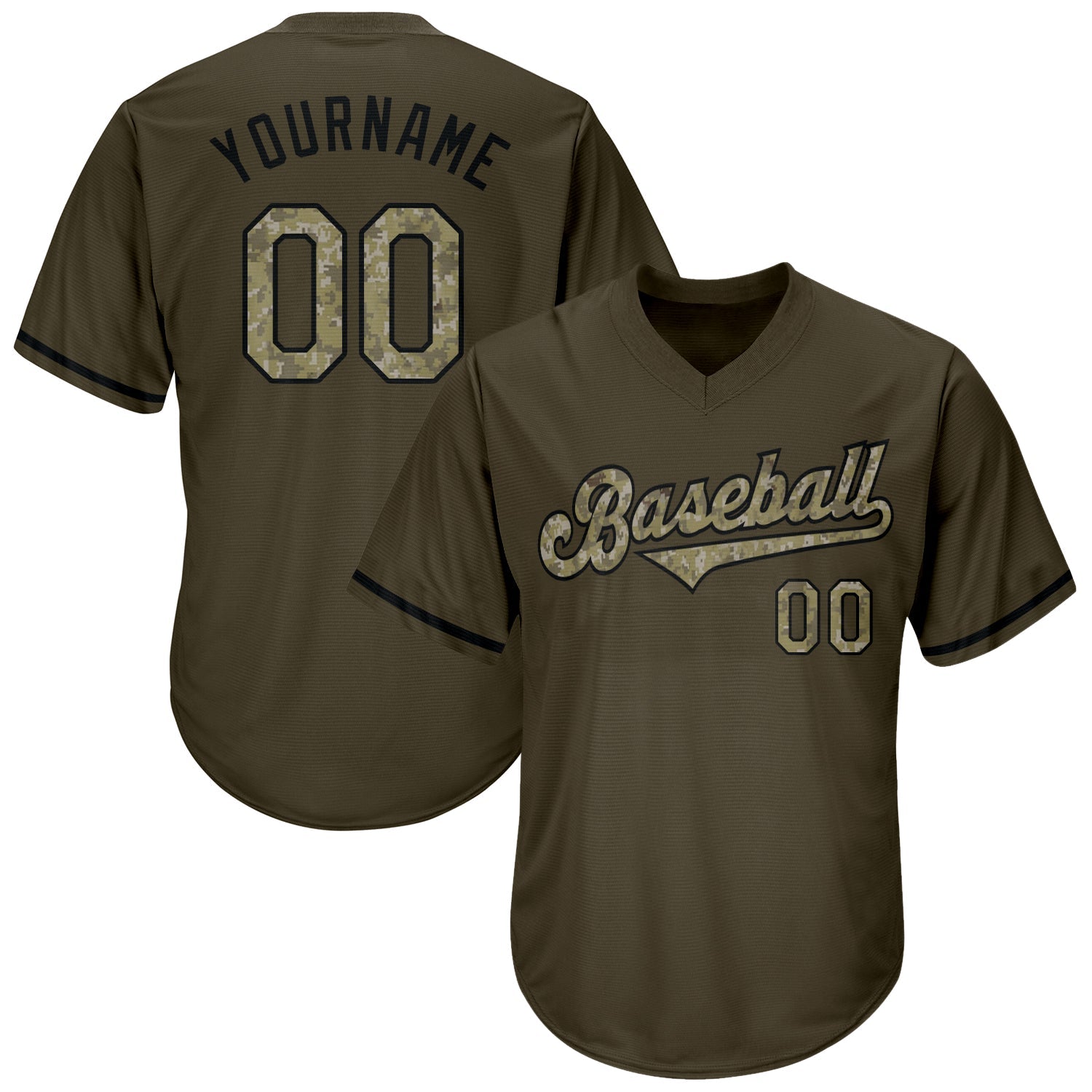 Custom Olive Camo-Black Authentic Throwback Rib-Knit Salute To Service Baseball Jersey Shirt - Main View