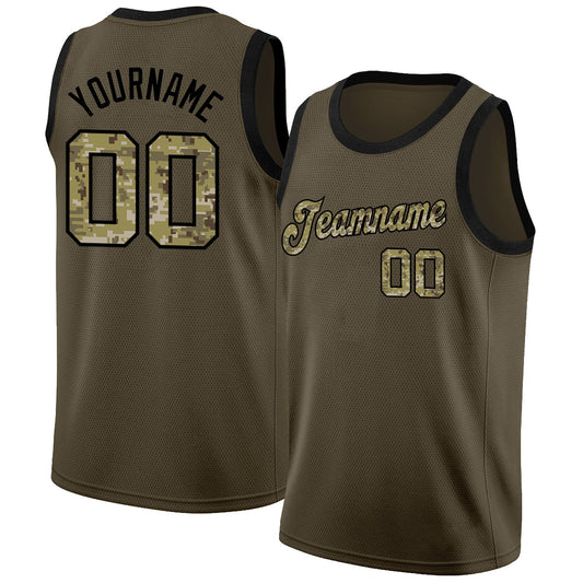 Custom Olive Camo-Black Round Neck Rib-Knit Salute To Service Basketball Jersey - Main View