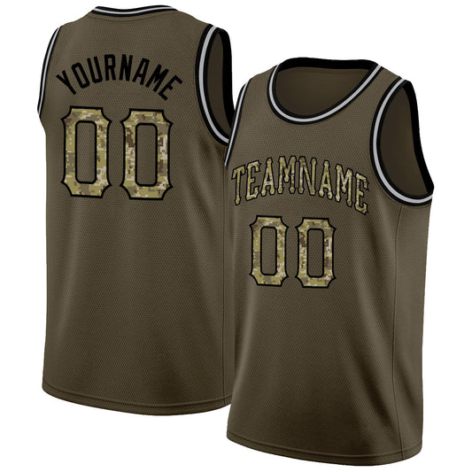 Custom Olive Camo-Black Round Neck Rib-Knit Salute To Service Basketball Jersey - Main View