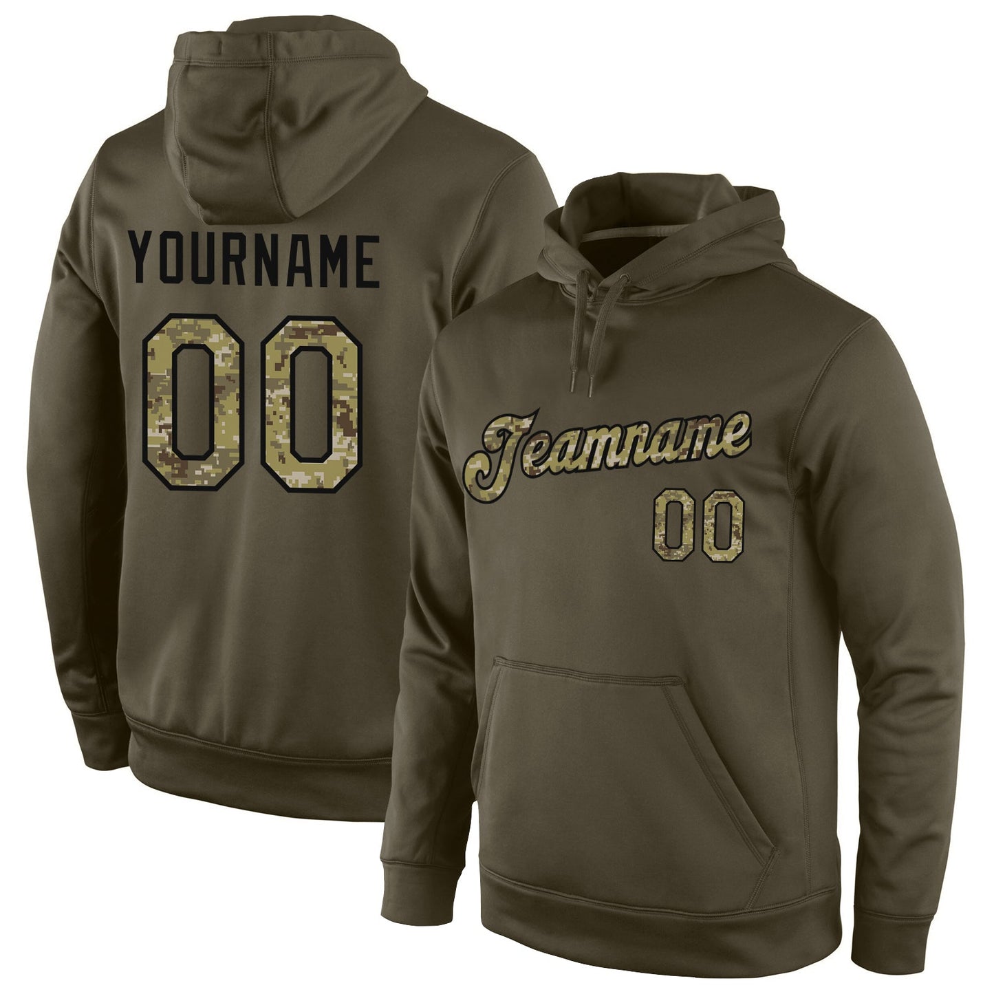 Custom Stitched Olive Camo-Black Sports Pullover Sweatshirt Salute To Service Hoodie - Main View