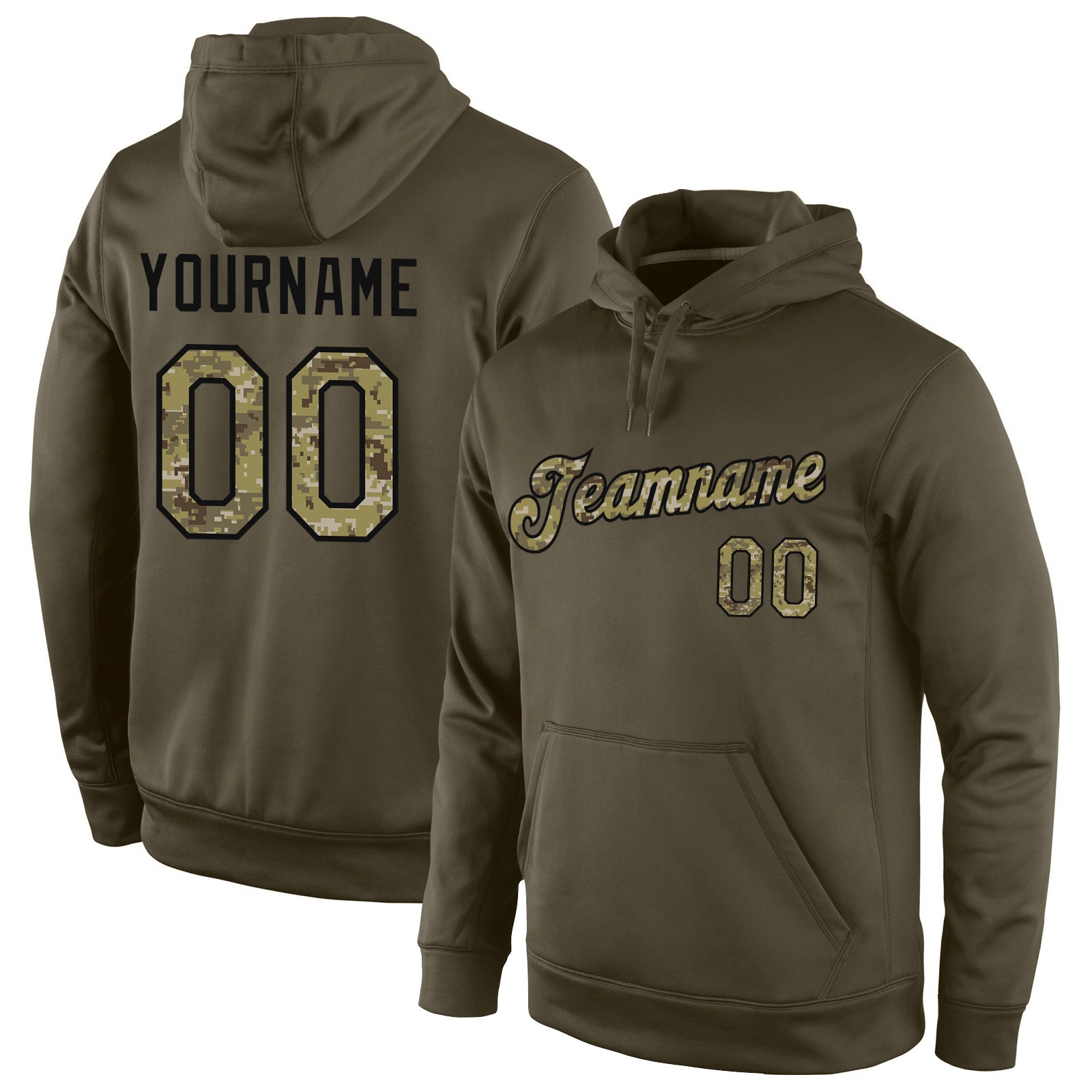 Custom Stitched Olive Camo-Black Sports Pullover Sweatshirt Salute To Service Hoodie - Main View