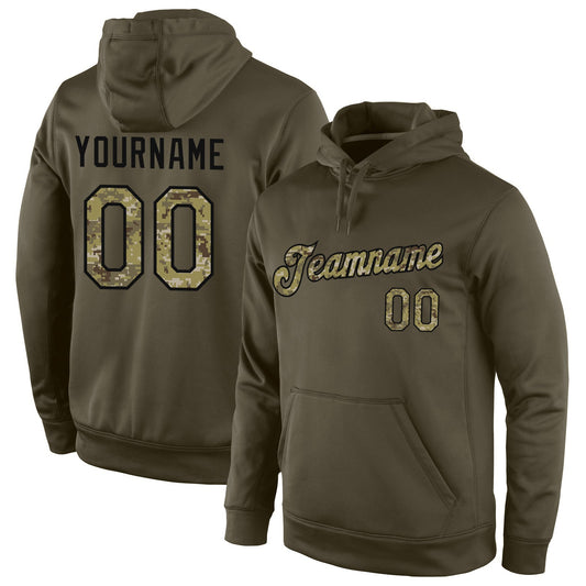 Custom Stitched Olive Camo-Black Sports Pullover Sweatshirt Salute To Service Hoodie - Main View