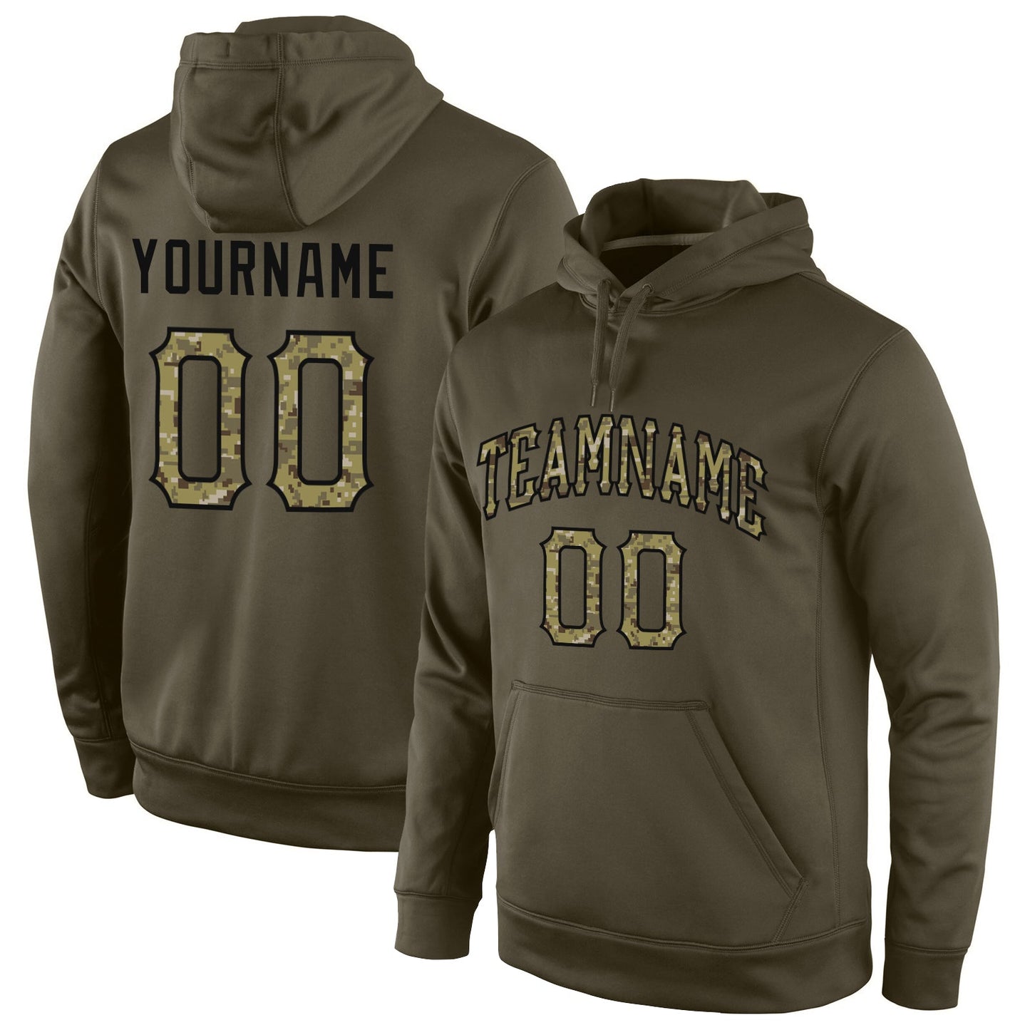Custom Stitched Olive Camo-Black Sports Pullover Sweatshirt Salute To Service Hoodie - Main View