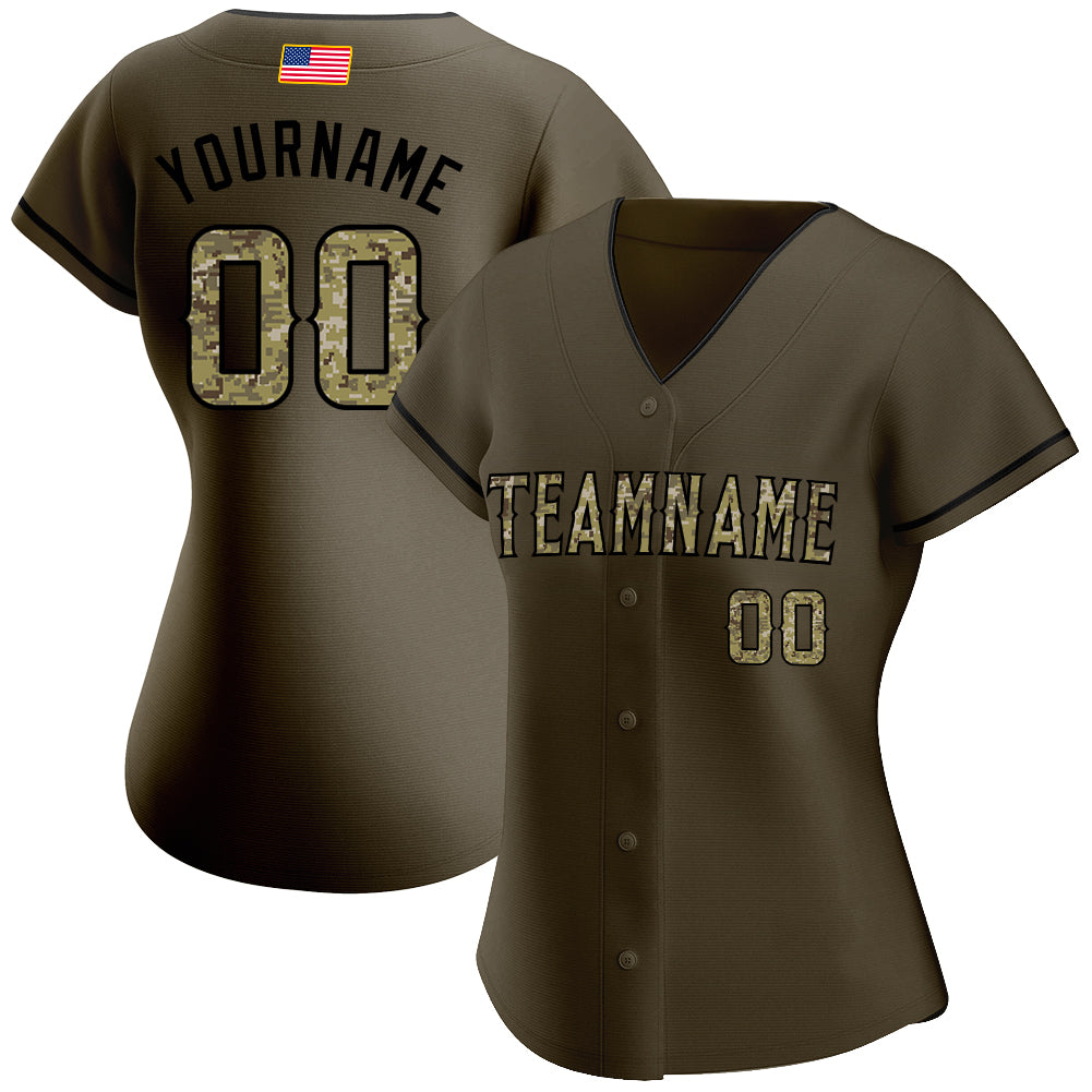 Custom Olive Camo-Black Authentic American Flag Fashion Salute To Service Baseball Jersey view 2