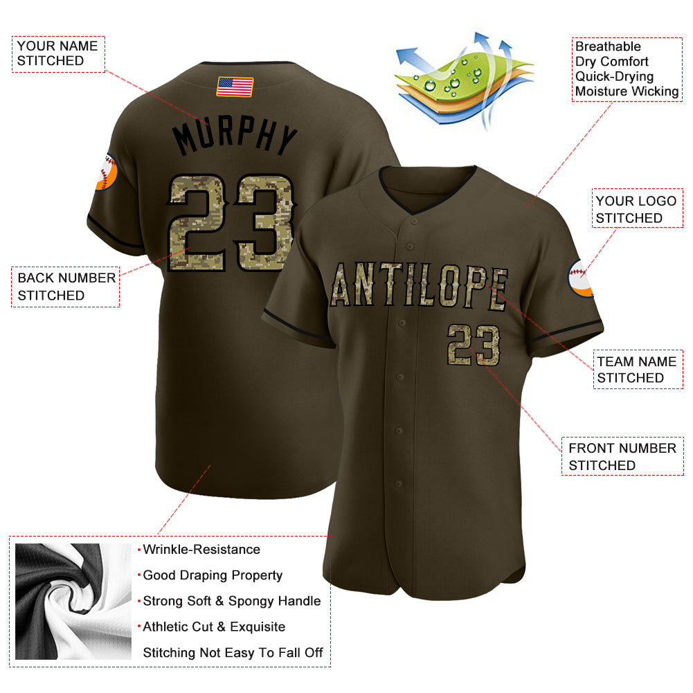 Custom Olive Camo-Black Authentic American Flag Fashion Salute To Service Baseball Jersey view 3