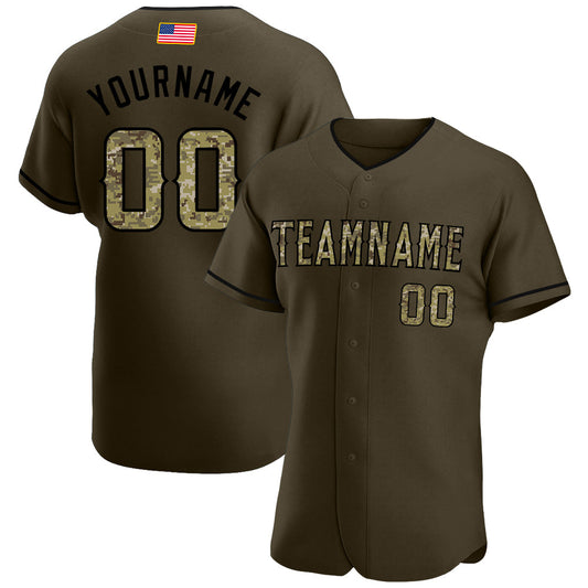 Custom Olive Camo-Black Authentic American Flag Fashion Salute To Service Baseball Jersey - Main View