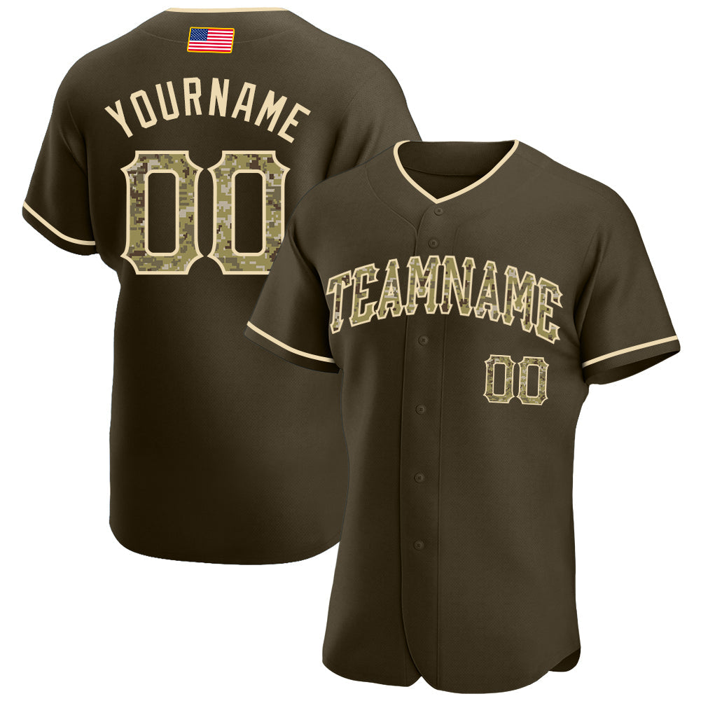 Custom Olive Camo-City Cream Authentic American Flag Fashion Salute To Service Baseball Jersey - Main View