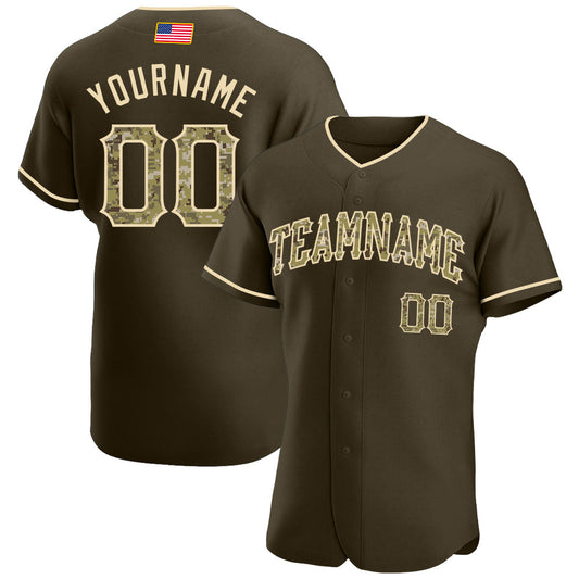 Custom Olive Camo-City Cream Authentic American Flag Fashion Salute To Service Baseball Jersey - Main View