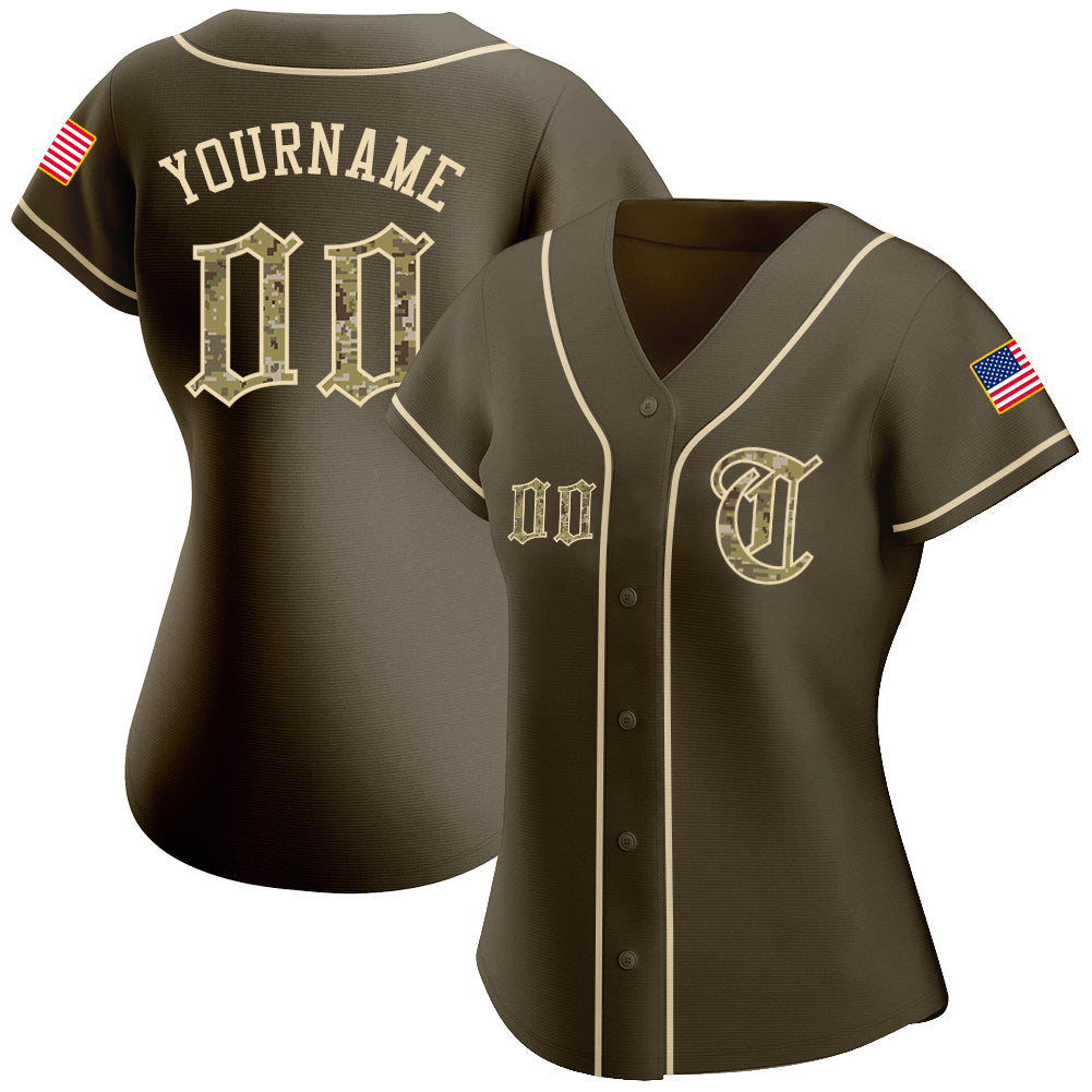 Custom Olive Camo-City Cream Authentic American Flag Fashion Salute To Service Baseball Jersey view 2