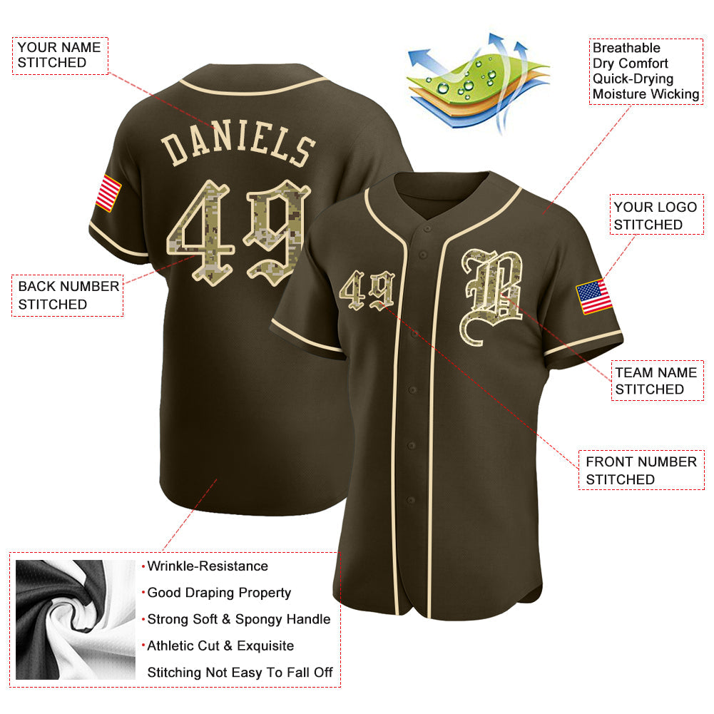 Custom Olive Camo-City Cream Authentic American Flag Fashion Salute To Service Baseball Jersey view 3