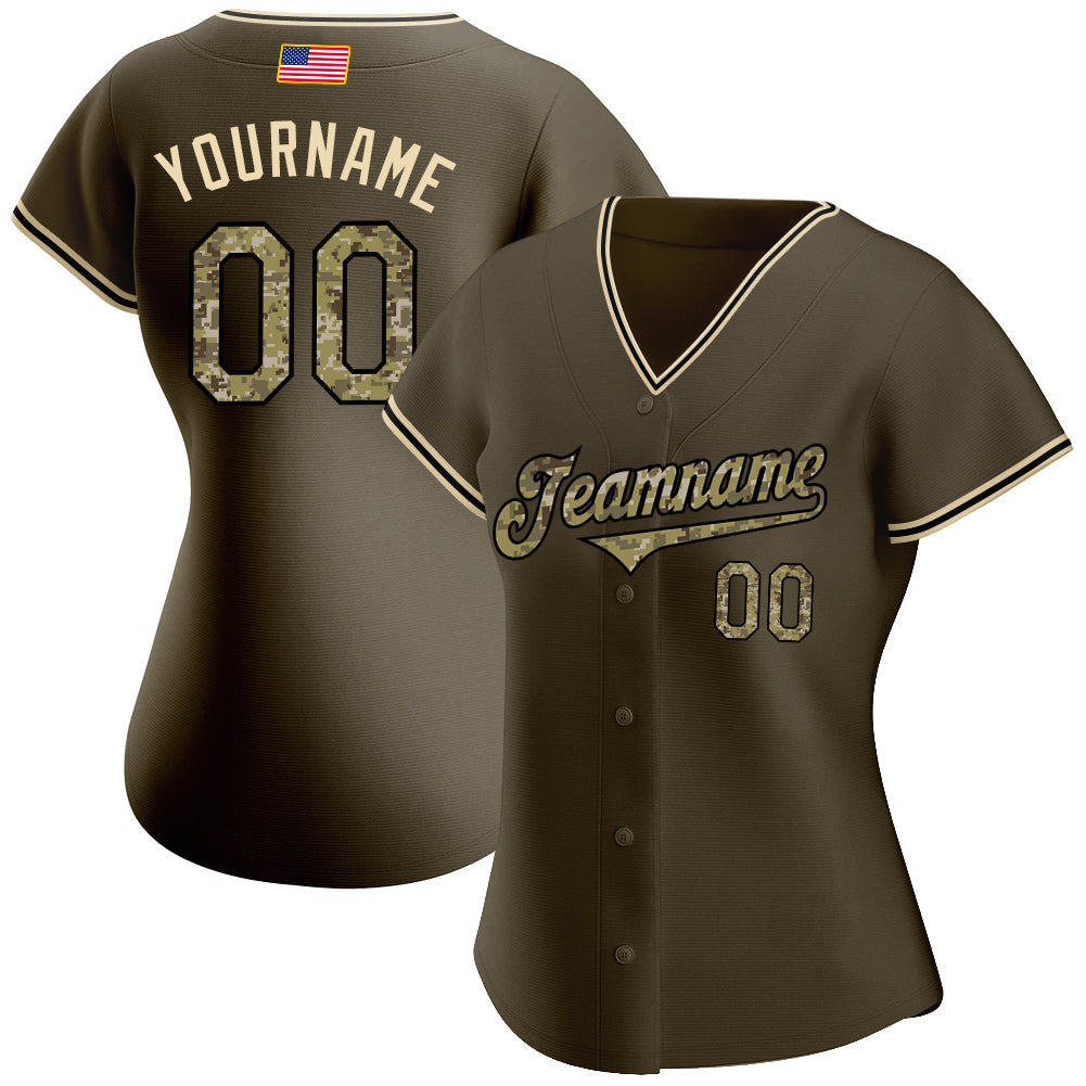 Custom Olive Camo-Black Authentic American Flag Fashion Salute To Service Baseball Jersey view 2