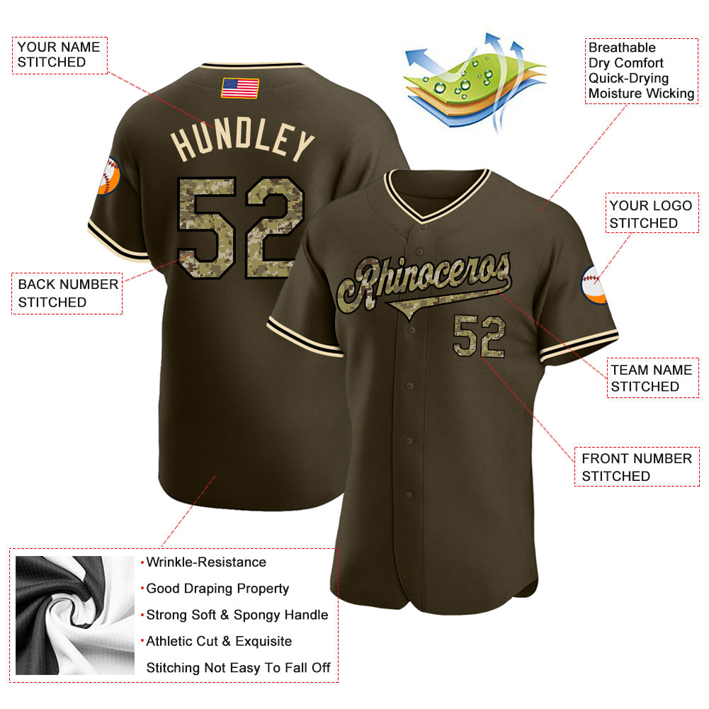 Custom Olive Camo-Black Authentic American Flag Fashion Salute To Service Baseball Jersey view 3