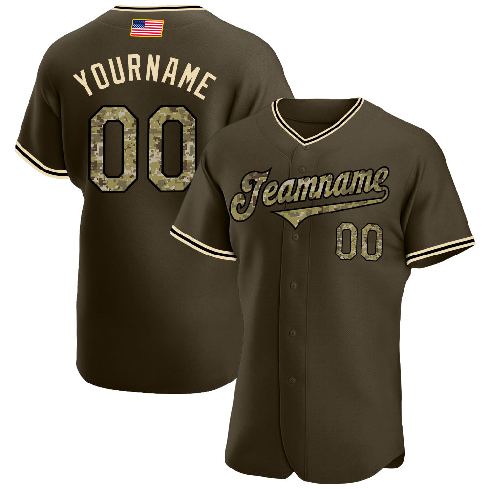 Custom Olive Camo-Black Authentic American Flag Fashion Salute To Service Baseball Jersey - Main View