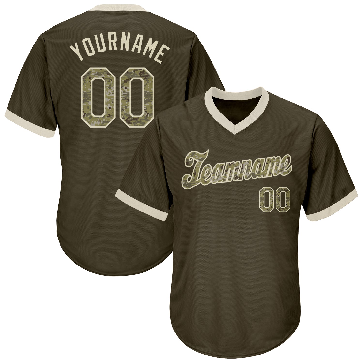 Custom Olive Camo-Cream Authentic Throwback Rib-Knit Salute To Service Baseball Jersey Shirt - Main View